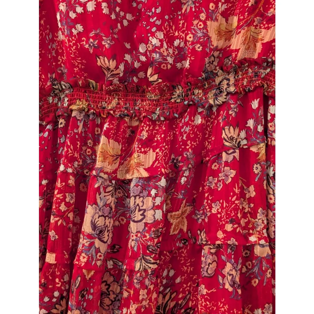 Women's Free People M Red Floral Long Sleeve Ruffle Mini Dress - Picture 6 of 12
